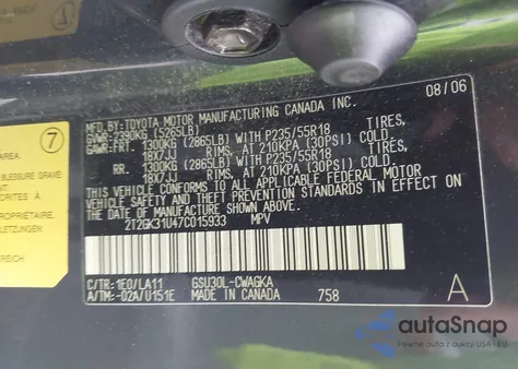 2007 Lexus Rx 350 from USA, damaged, VIN 2T2GK31U47C015933